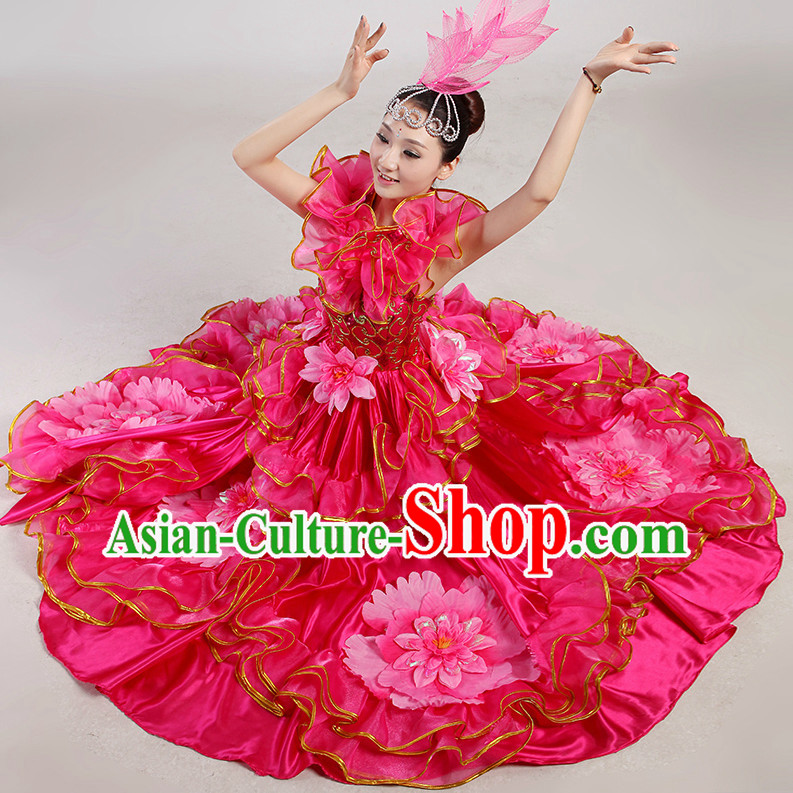 Chinese Folk Flower Dancing Costume and Headwear Complete Set for Women