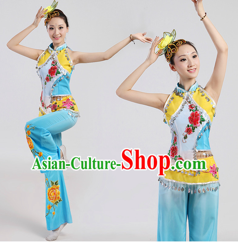 Chinese Folk Ribbon Dancing Costume and Headwear Complete Set for Women