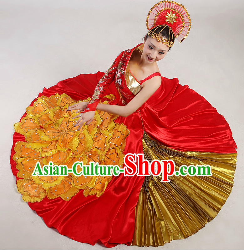 Chinese Folk Flower Dancing Costume and Headwear Complete Set for Women