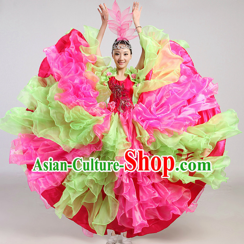 Chinese Folk Flower Dancing Costume and Headwear Complete Set for Women