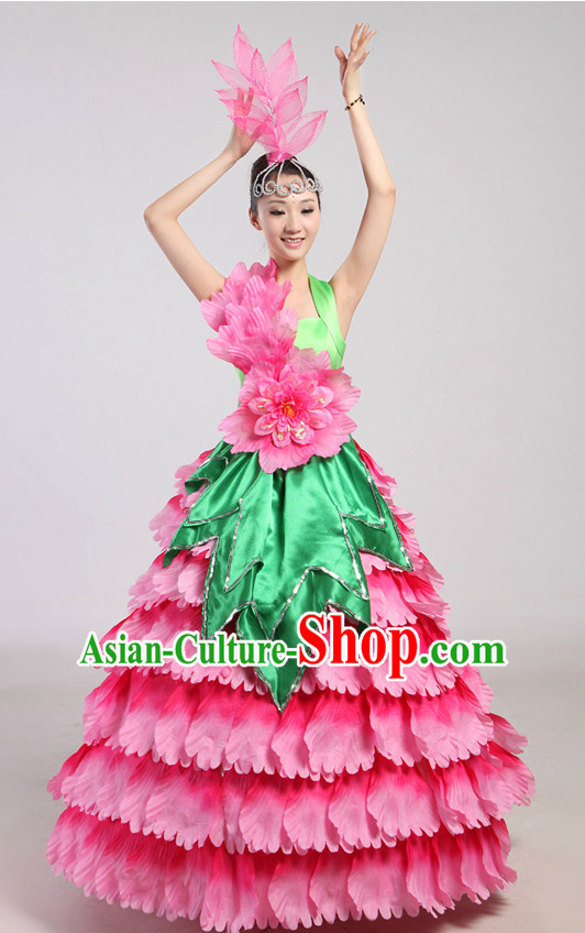 Chinese Flower Dance Costumes and Headwear Complete Set for Women