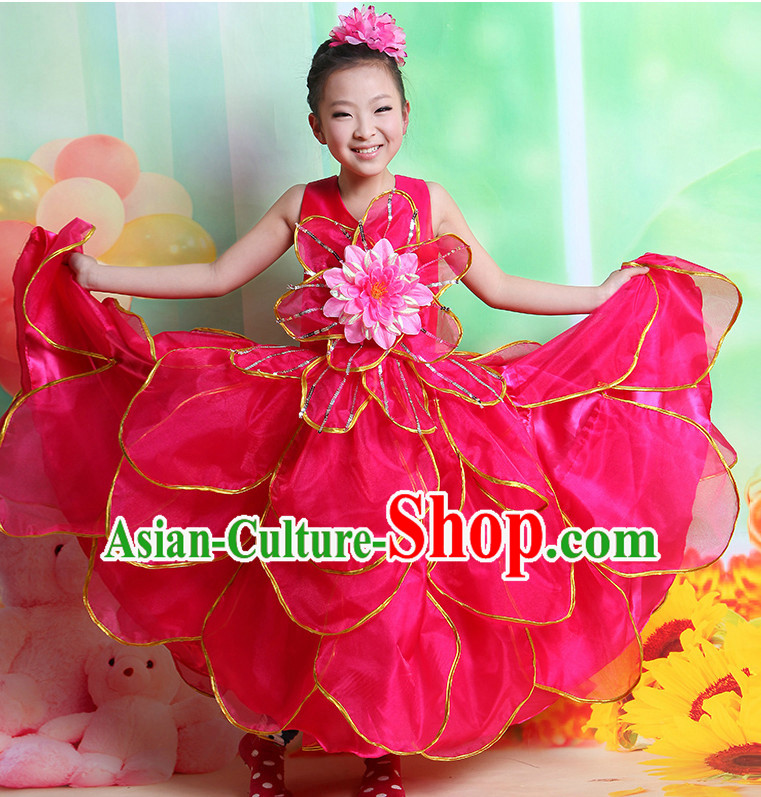 Chinese Flower Dancing Costume and Hair Accessory Complete Set for Kids