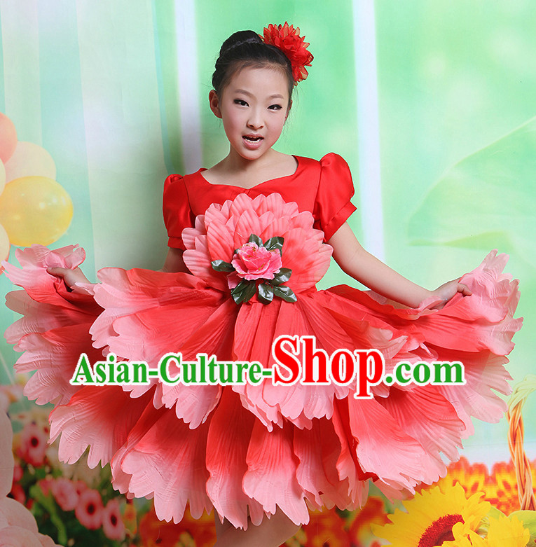Chinese Flower Dancing Costume and Hair Accessory Complete Set for Kids