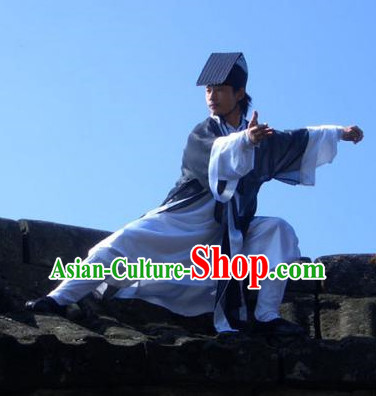 Chinese Deep Blue Yin Yang Wudang Mountain Taoist Costumes Complete Set for Men