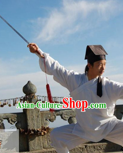 China White Wudang Mountain Taoist Costumes Complete Set for Men