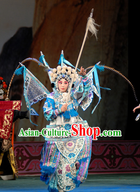 Ancient Chinese Beijing Opera Military Hua Tan Costumes and Hair Accessories Complete Set