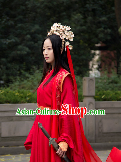 Chinese Traditional Red Wedding Dress and Hair Accessories Complete Set for Women