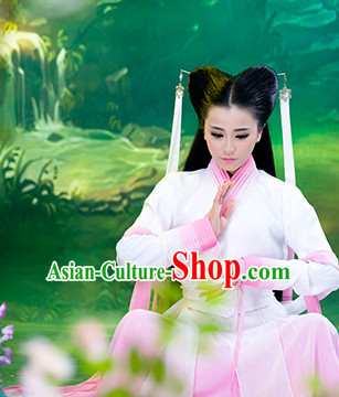 Chinese Traditional White Pink Xiao Long Nv Dragon Lady Fairy Costumes