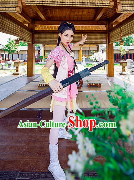 Chinese Traditional Han Fu Clothes Oriental Heroine Costumes and Hair Accessories Complete Set for Ladies