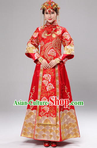 Traditional Chinese Ceremonial Wedding Dresses and Hair Accessories Complete Set for Brides