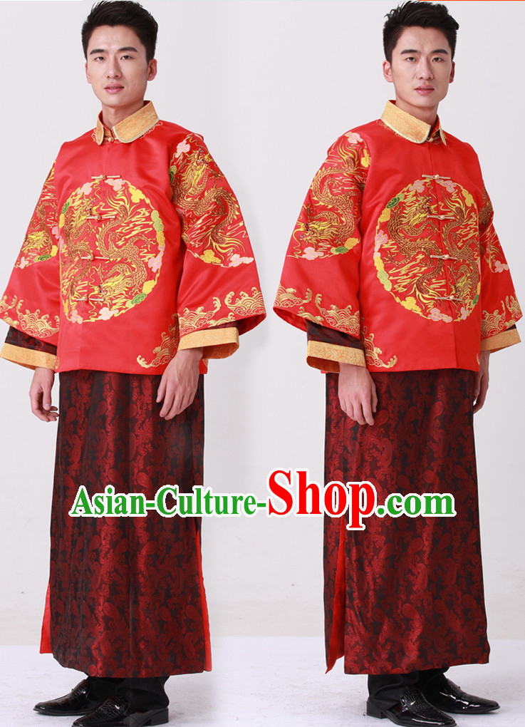 Dragon Embroidery Chinese Fashion Bridal Dress Complete Set for Bridegrooms