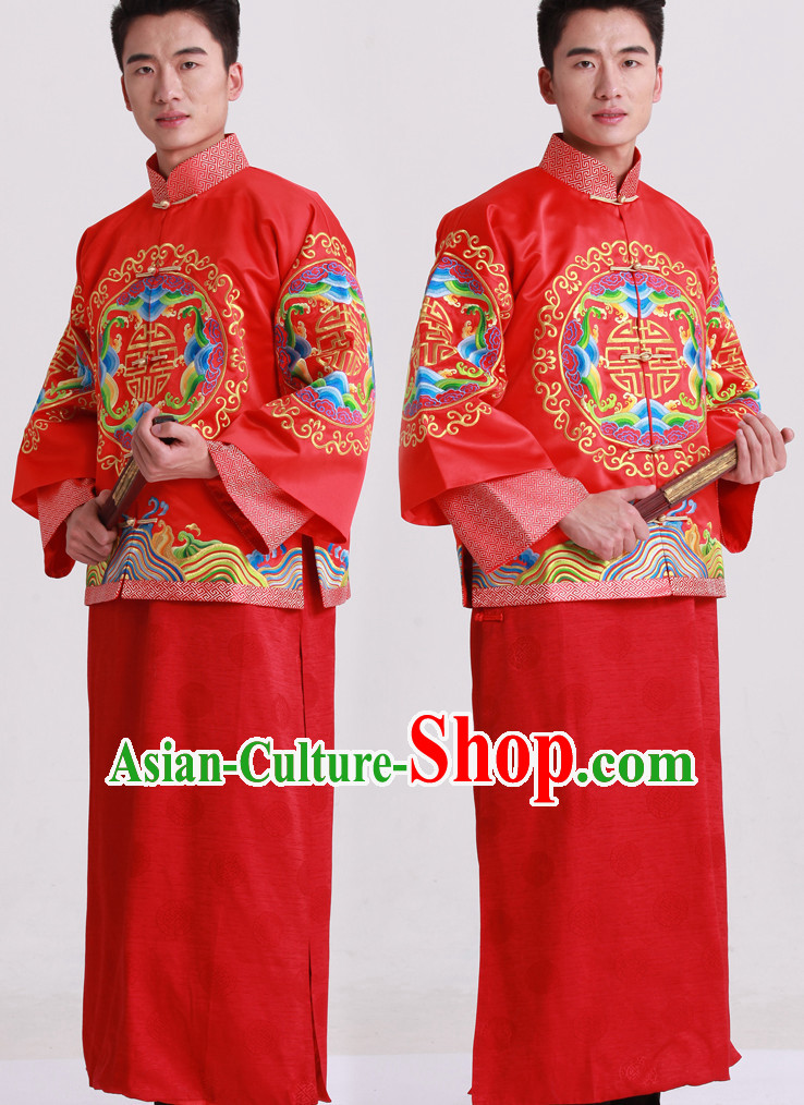 Dragon Embroidered Chinese Fashion Bridal Dresses Outfits Complete Set for Bridegrooms