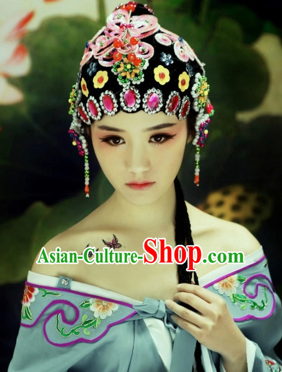 Traditional Chinese Opera Black Wigs and Hair Accessories