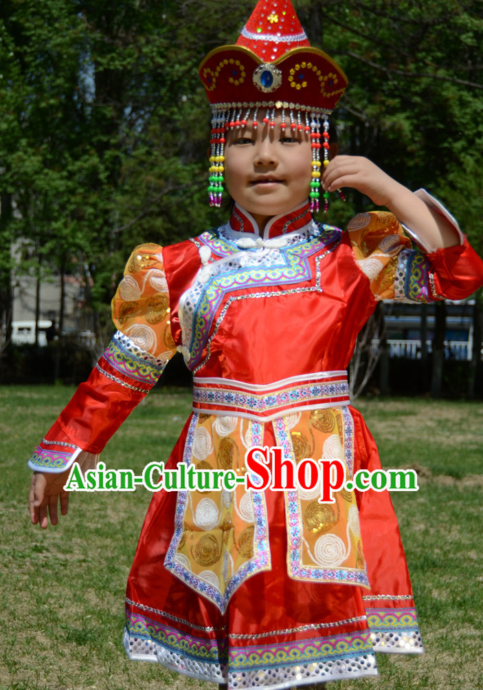 Traditional Chinese Photo Costume Mongolian Costume and Hat Complete Set for Girls