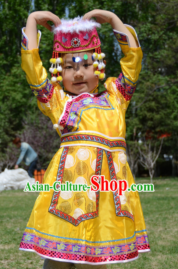 Traditional Chinese Photo Costume Mongolian Costume and Hat Complete Set for Child