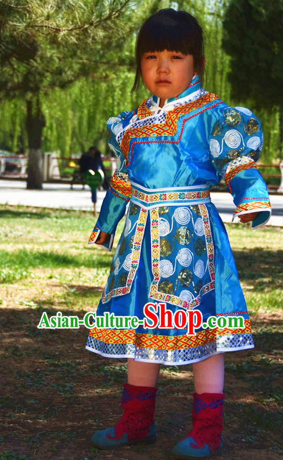 Traditional Chinese Photo Costume Mongolian Costumes and Hat Complete Set for Child