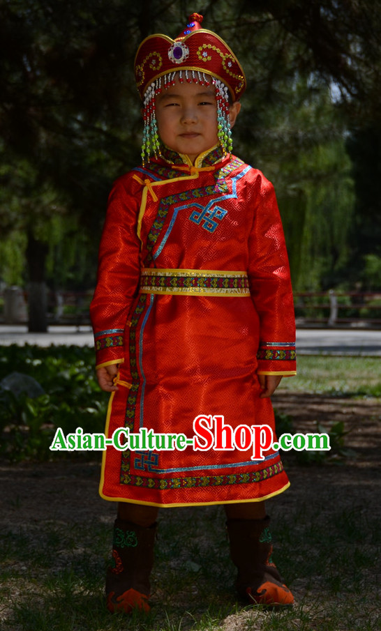 Traditional Chinese Photo Costume Mongolian Costumes and Hat Complete Set for Child