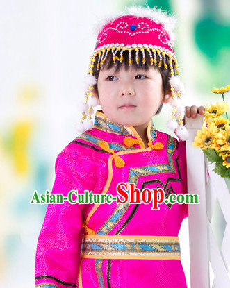 Traditional Chinese Photo Costume Mongolian Clothes and Hat Complete Set for Child