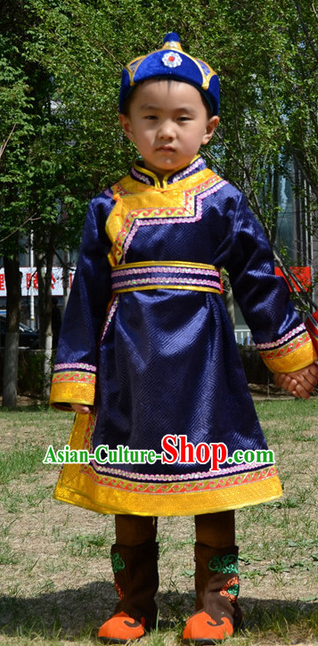 Traditional Chinese Photo Costume Mongolian Clothes and Hat Complete Set for Child