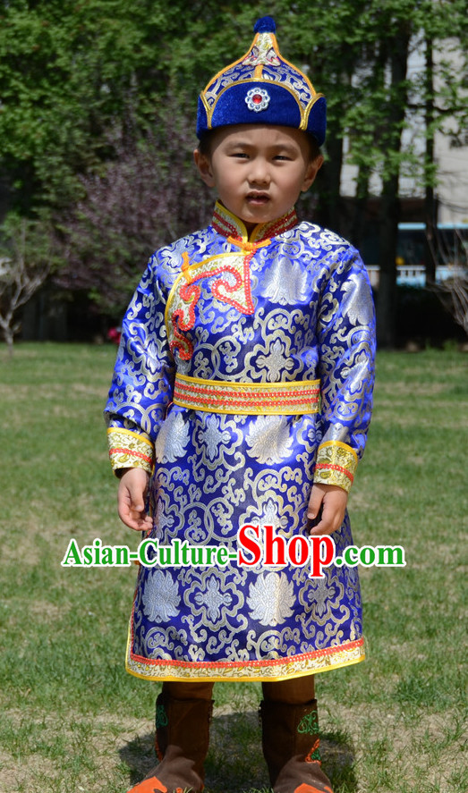 Traditional Chinese Photo Costume Mongolian Clothing and Hat Complete Set for Children