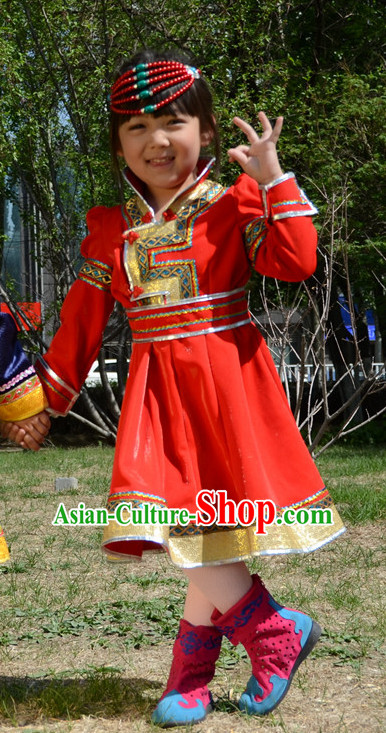 Traditional Chinese Photo Costume Mongolian Clothing and Hat Complete Set for Child