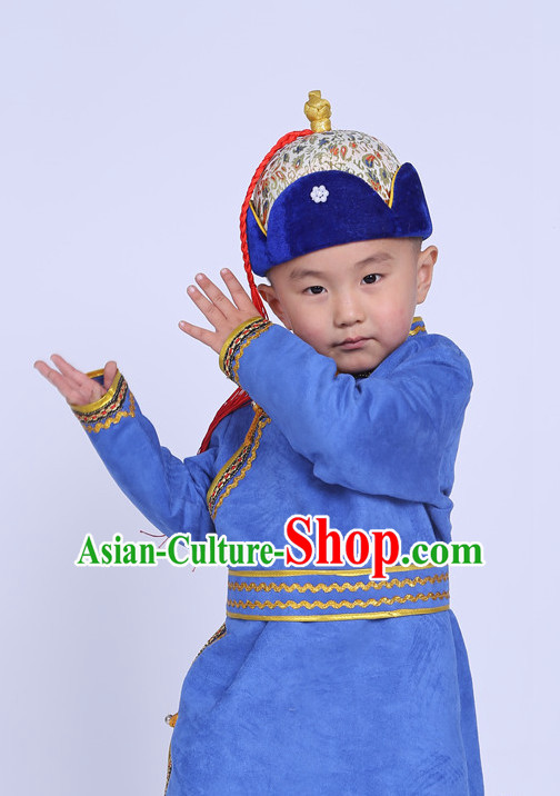 Traditional Chinese Photo Costume Mongolian Long Robe and Hat Complete Set for Children