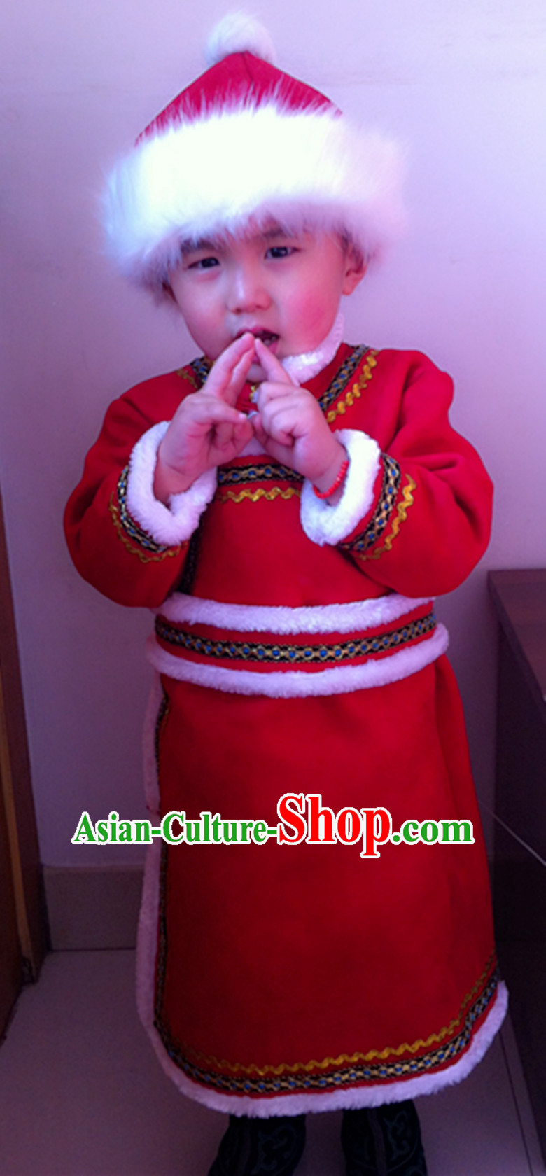 Traditional Chinese Photo Costume Mongolian Long Robe and Hat Complete Set for Boys