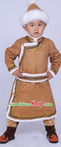 Traditional Chinese Mongolian Long Robe and Hat Complete Set for Boys