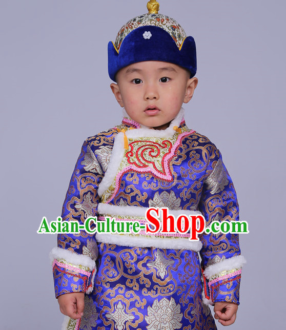 Traditional Chinese Photo Costume Mongolian Clothes and Hat Complete Set for Child
