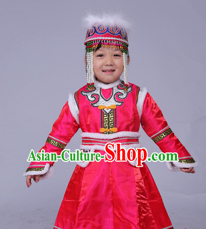 Traditional Chinese Mongolian Long Robe and Hat Complete Set Kids