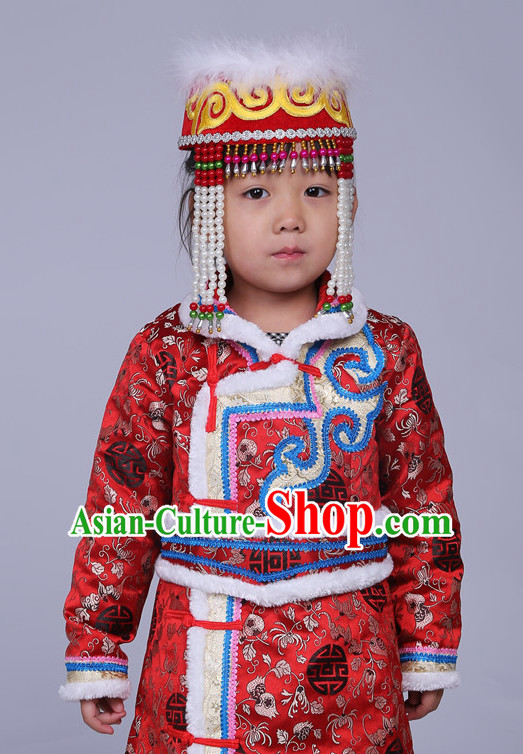 Traditional Chinese Mongolian Long Robe and Hat Complete Set Kids