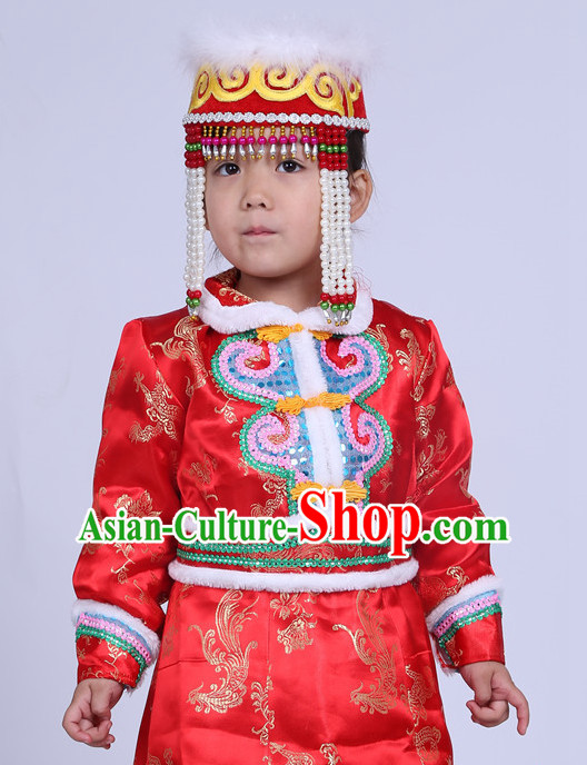 Traditional Chinese Mongolian Long Robe and Hat Complete Set Kids