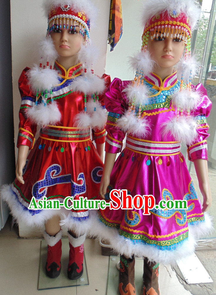 Traditional Chinese Mongolian Long Robe and Hat Complete Set Kids