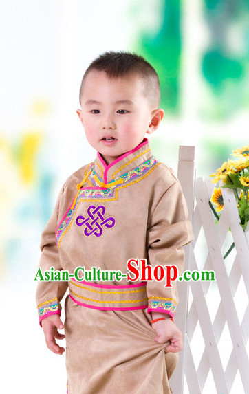 Traditional Chinese Mongolian Long Robe and Hat Complete Set Kids