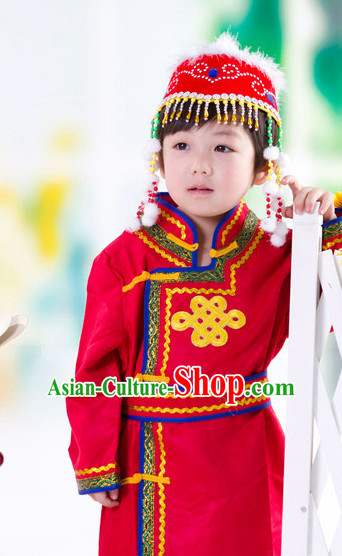 Traditional Chinese Mongolian Dresses and Hat Complete Set Kids