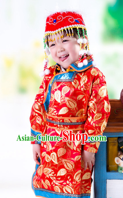 Traditional Chinese Mongolian Dress and Hat Complete Set Kids