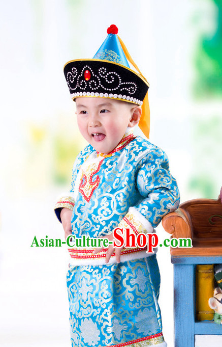 Traditional Chinese Mongolian Dress and Hat Complete Set Kids