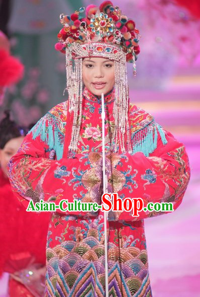 Traditional Chinese Classical Wedding Dress Clothes and Phoeninx Hat Complete Set for Women