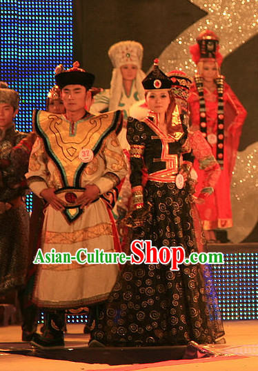 Traditional Chinese Mongolian Clothes 2 Sets for Men and Women