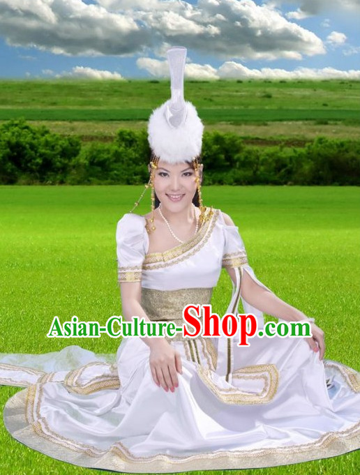 Traditional Chinese Mongolian Costumes and Hat Complete Set for Women