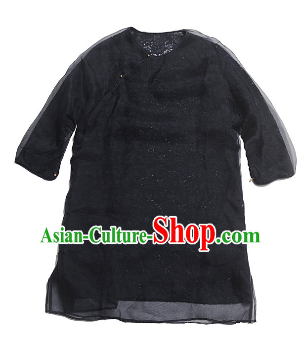 Black Silk Chinese Traditional Short Sleeves Mandarin Blouse for Women