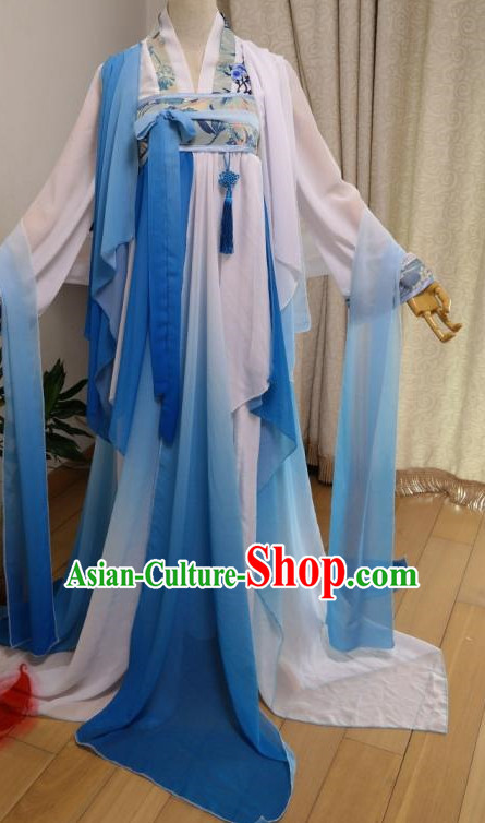 White Blue Ancient Chinese Dancer Costumes Complete Set for Women