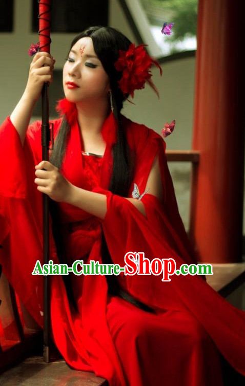 Red Chinese Sexy Swordswomen Halloween Costumes Complete Set for Women