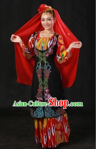 Traditional Chinese Ethnic Uzbekistan Clothing and Hat Complete Set for Women