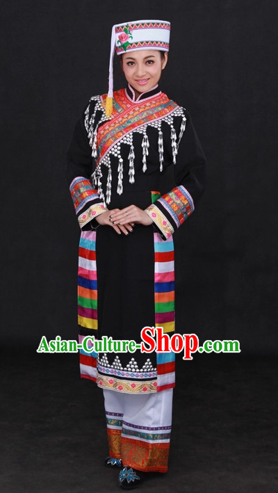 Traditional Chinese Ethnic Lahu Nationality People Folk Dresses and Hat Complete Set for Women