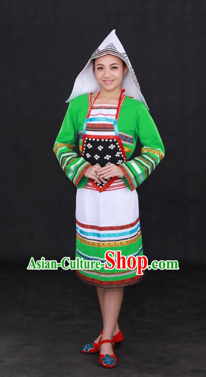 Traditional Chinese Ethnic Jino Nationality People Folk Dresses and Hat Complete Set for Women