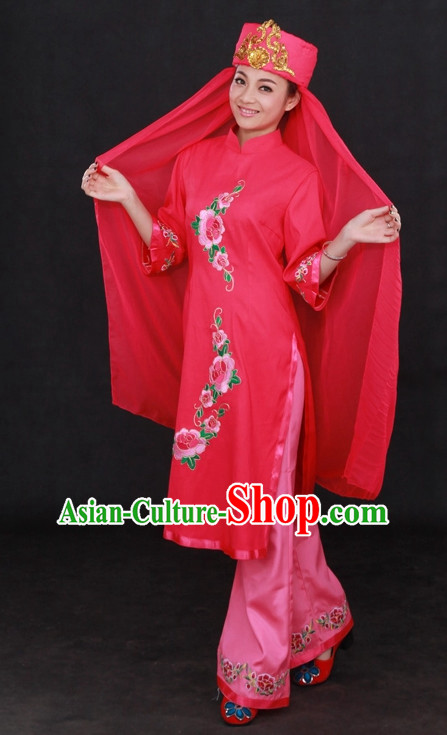 Traditional Chinese Ethnic Hui Nationality People Folk Dresses and Hat Complete Set for Women