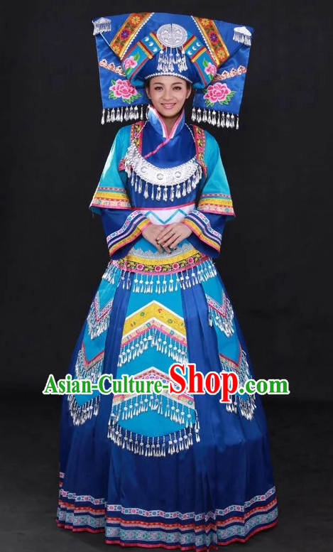 Traditional Chinese Ethnic Zhuang Nationality People Folk Dresses and Hat Complete Set for Women