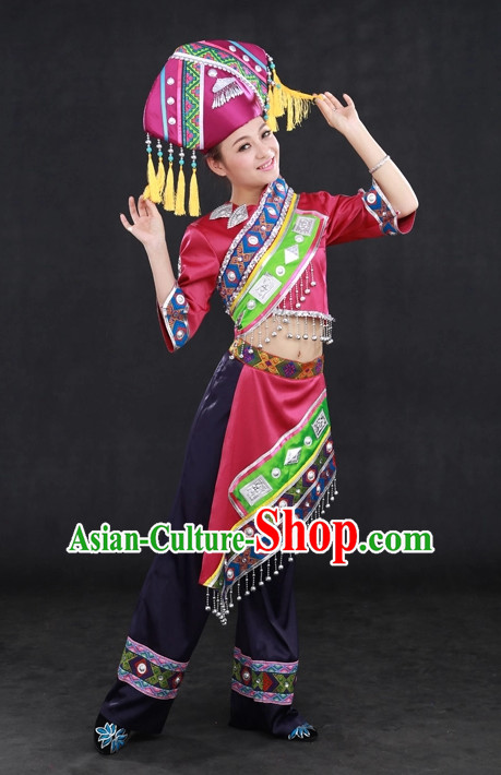 Traditional Chinese Ethnic Zhuang Nationality People Folk Dresses and Hat Complete Set for Women