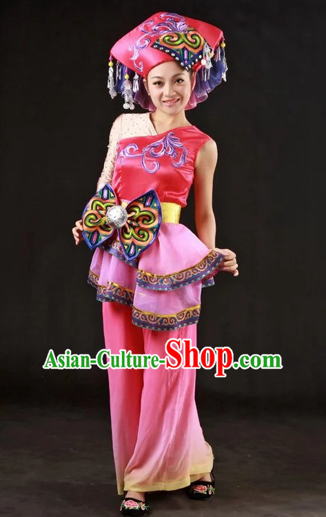 Long Sleeves Traditional Chinese Zhuang Dress and Hair Accessories Complete Set for Women